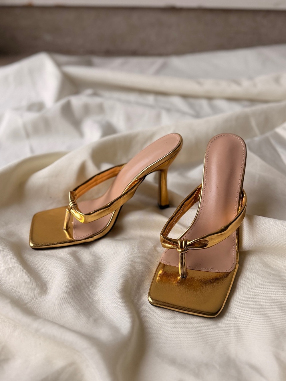 Gold Metallic Thong Heel Sandals for Women